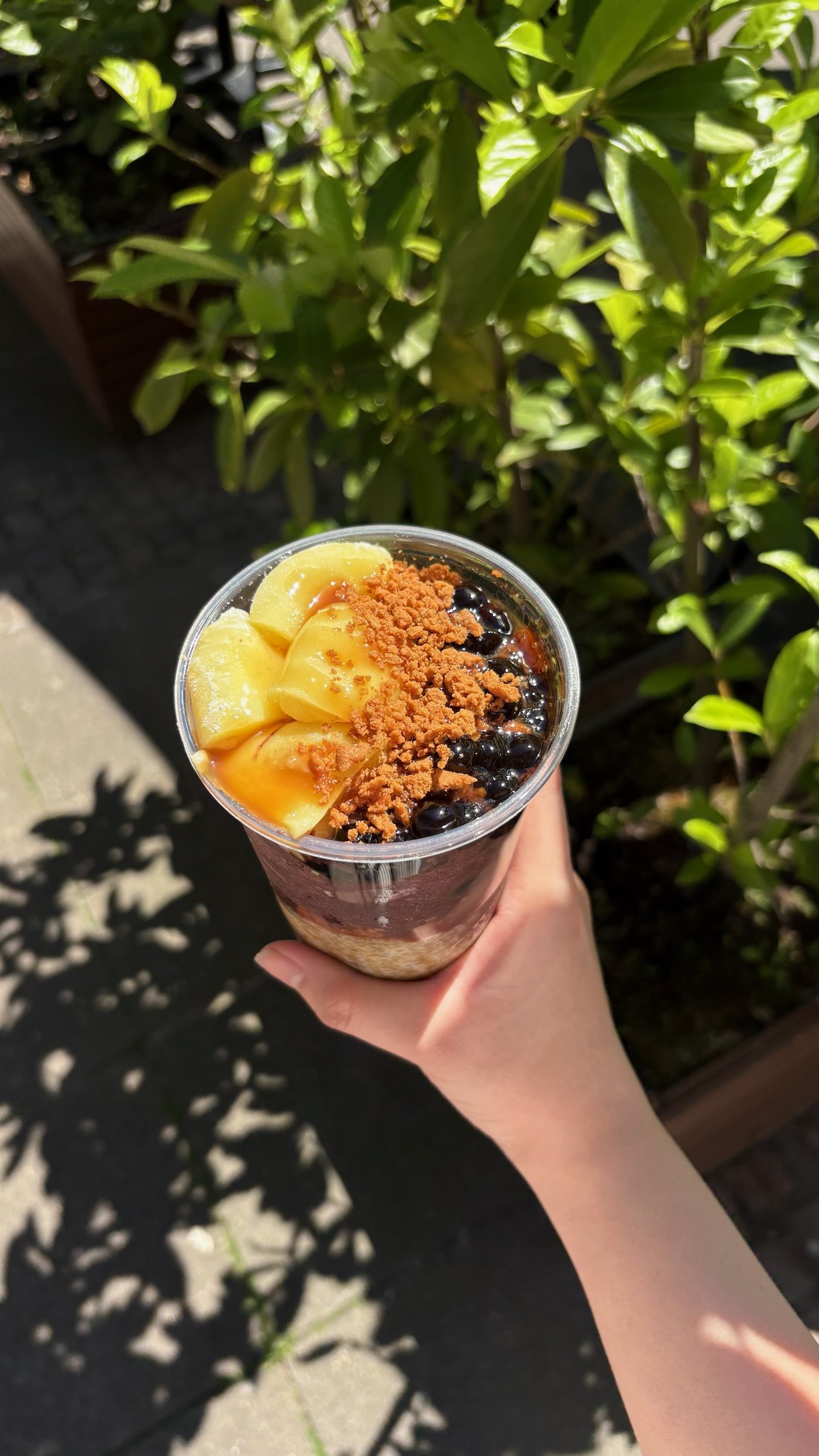 Açaí Bowl outdoor in der Hand — fertige Anwendung aus der Softeismaschine