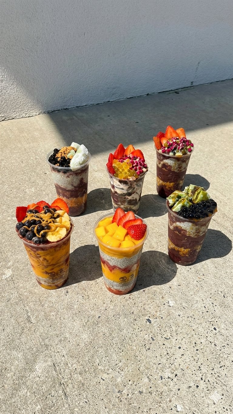 Mehrere Açaí Bowls fertig serviert — Bowl-Shop Theken-Setup